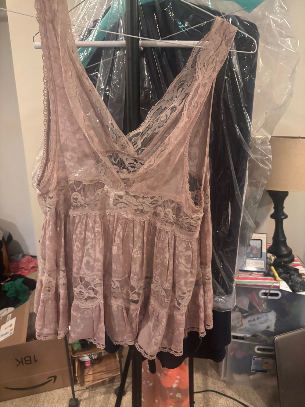 Free People Blush Pink Lace Boho Tunic Tank Top fits XS-S - Picture 4 of 6
